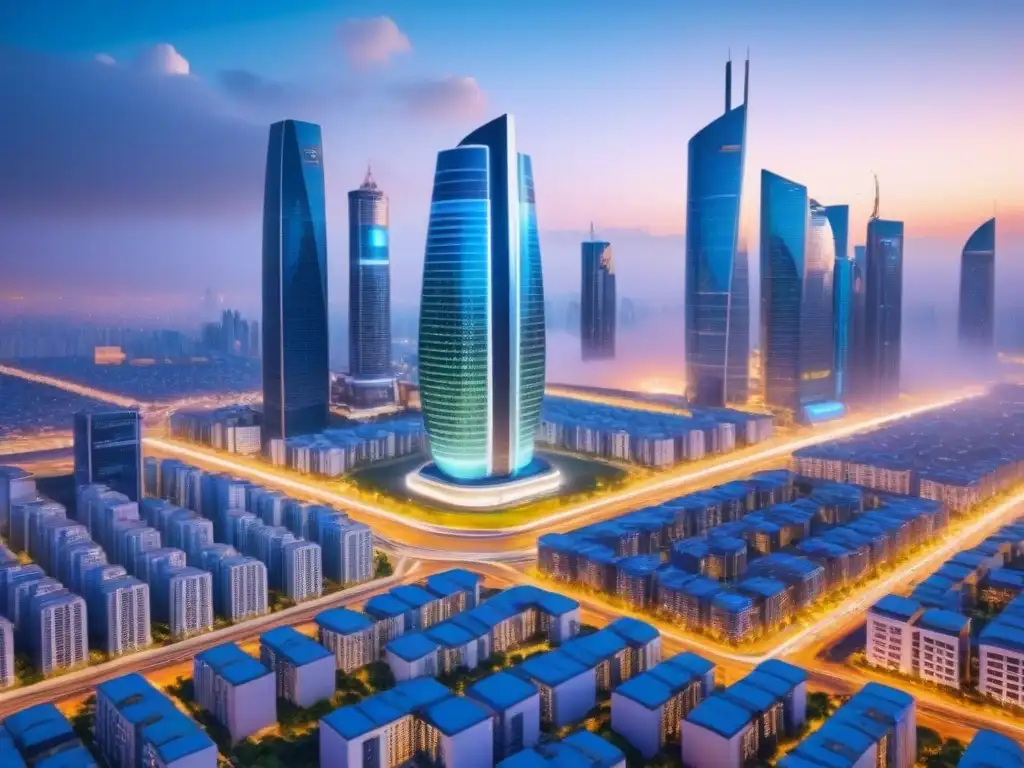 Metrópolis futurista: real estate con PropTech Vibrante ciudad del futuro con rascacielos y tecnología avanzada, drones, autos inteligentes y pantallas digitales
