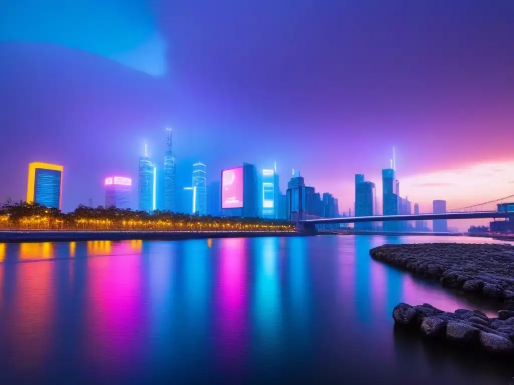 Metrópolis futurista: luces neón y oportunidades de inversión Vibrante ciudad del futuro al anochecer con rascacielos iluminados y carteles digitales de oportunidades de inversión en PropTech