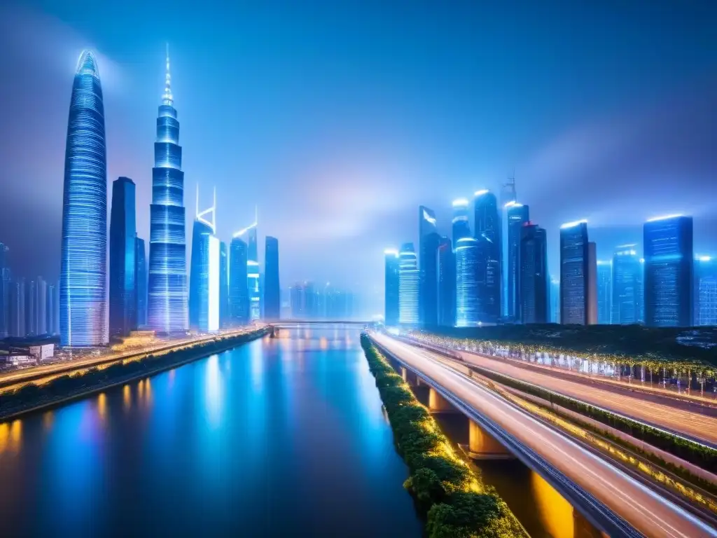 Metrópolis global: unificando mercados inmobiliarios Vibrante ciudad global conectada por puentes y autopistas iluminadas, reflejando el Mercado inmobiliario global Franja Ruta