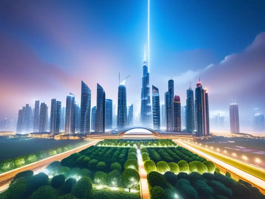Metrópolis futurista: arquitectura moderna y naturaleza en armonía Vibrante ciudad global futurista con rascacielos y espacios verdes, simbolizando innovación y prosperidad en bienes raíces globales