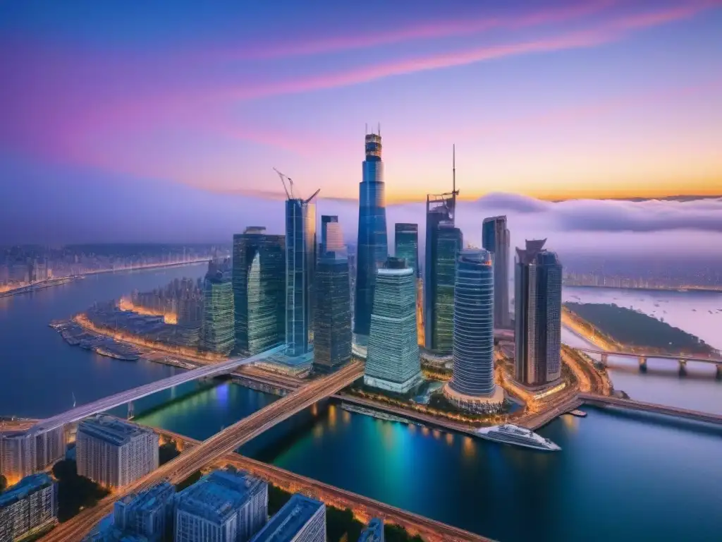 Inversión Inmobiliaria Global: Ciudad Vibrante al Anochecer Vibrante ciudad global al anochecer, reflejando la interconexión de mercados inmobiliarios internacionales