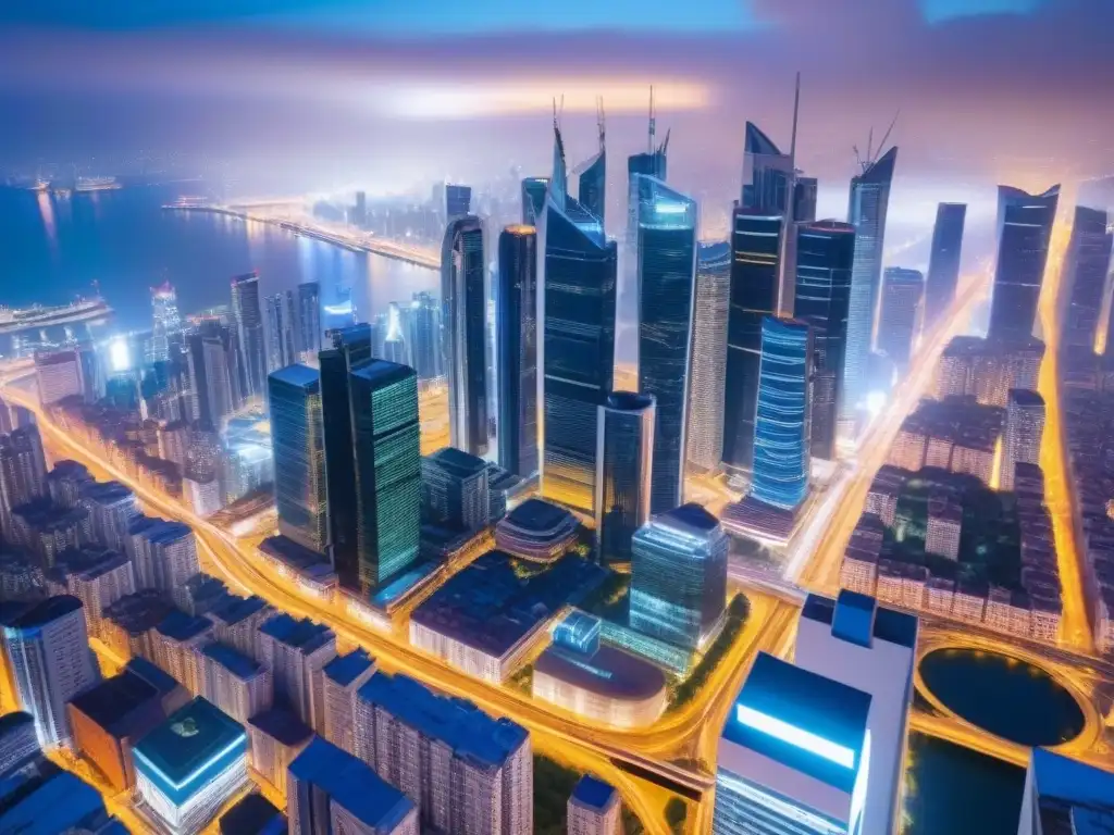 Metrópolis global nocturna: luces, diversidad y oportunidades inmobiliarias Vibrante ciudad global de noche, con rascacielos iluminados y calles llenas de gente diversa, simbolizando la globalización del mercado inmobiliario internacional y las políticas