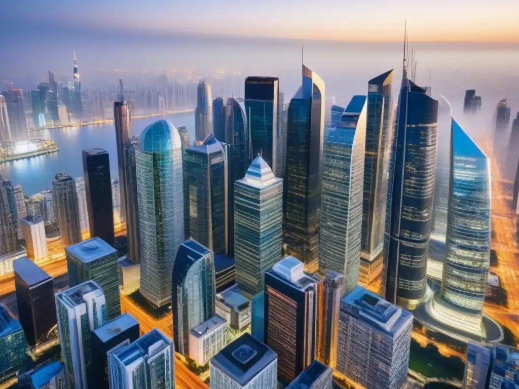 Metrópolis global: Inversiones inmobiliarias internacionales de alto perfil Vibrante ciudad global con rascacielos modernos y diversos estilos arquitectónicos