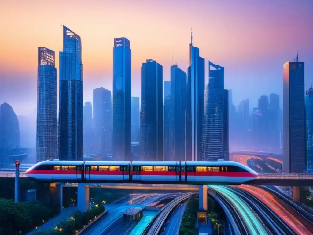 Metrópolis global: luces, diversidad y negocios Vibrante ciudad global al anochecer con rascacielos iluminados, gente diversa y monorraíl futurista, ideal para hipotecas para no residentes internacionales