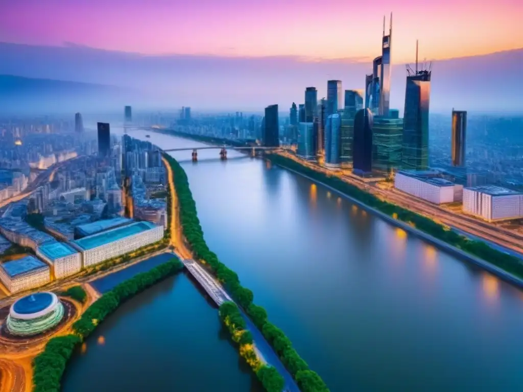 Metrópolis iluminada: paisaje urbano diverso y vibrante al anochecer Vibrante ciudad global al anochecer con rascacielos iluminados y calles llenas de gente, mostrando los Beneficios de la globalización inmobiliaria
