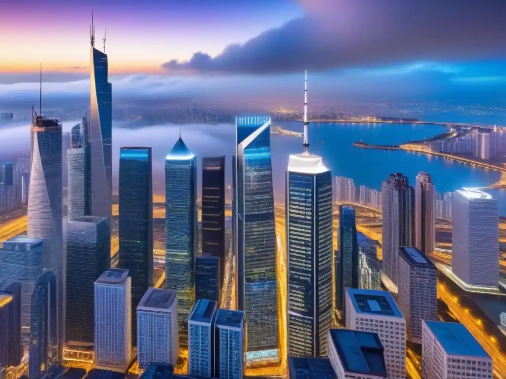 Metrópolis global: skyline futurista de una ciudad financiera Vibrante ciudad global con rascacielos futuristas, ideal para estrategias email marketing inversores globales