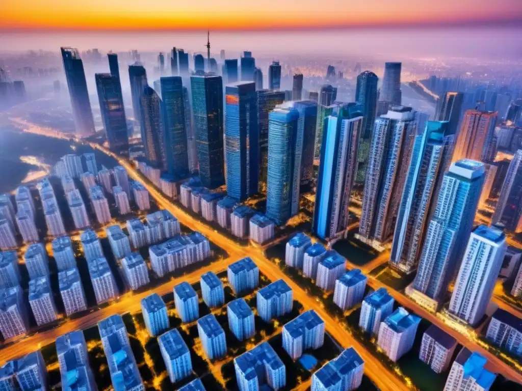 Vibrante mercado inmobiliario en metrópolis global Vibrante ciudad global con rascacielos y edificios residenciales, reflejando tácticas de negociación inmobiliaria internacional