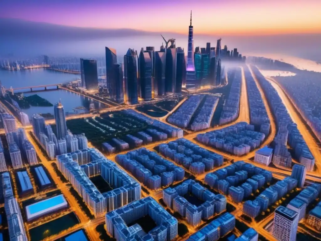 Espléndida panorámica urbana: metrópolis moderna y vibrante Vibrante ciudad global con rascacielos y luces brillantes al atardecer