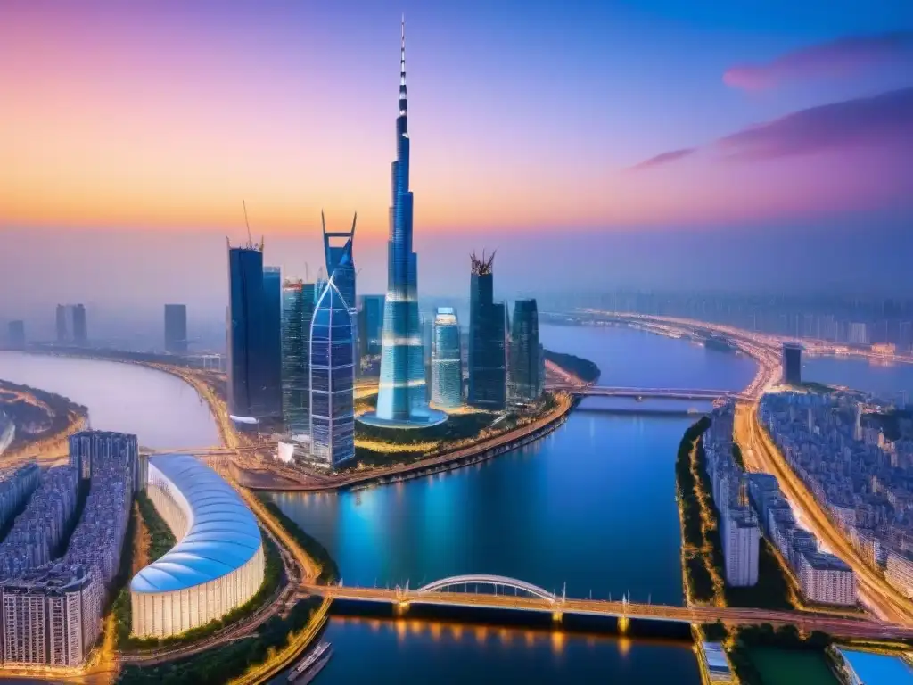 Metrópolis iluminada: ciudad global en crepúsculo Vibrante ciudad global con rascacielos iluminados y río sereno, reflejando la interconexión de mercados inmobiliarios internacionales para inversores