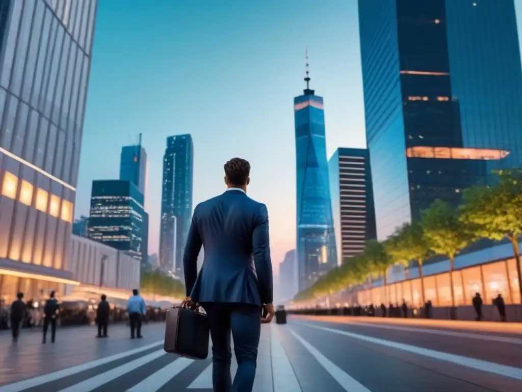 Horizonte urbano moderno al atardecer: inversión inmobiliaria global Vibrante ciudad global al anochecer, con rascacielos iluminados y ejecutivos en la calle, evocando estrategias legales alquileres internacionales