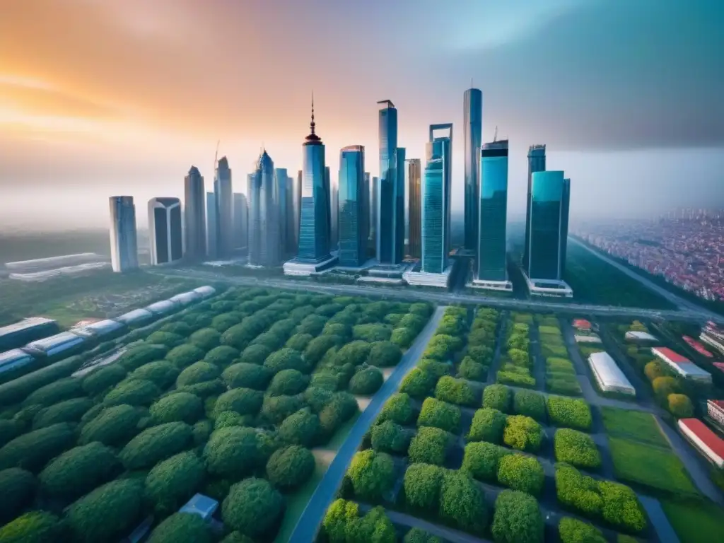 Deslumbrante panorama urbano: metrópolis moderna y vibrante Vibrante ciudad global con rascacielos, espacios verdes y luces brillantes