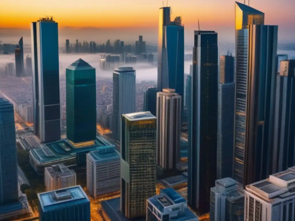 Horizonte urbano al atardecer: diversidad arquitectónica en 8k Vibrante ciudad global con rascacielos modernos reflejando el atardecer dorado, simbolizando el mercado inmobiliario internacional durante inflación