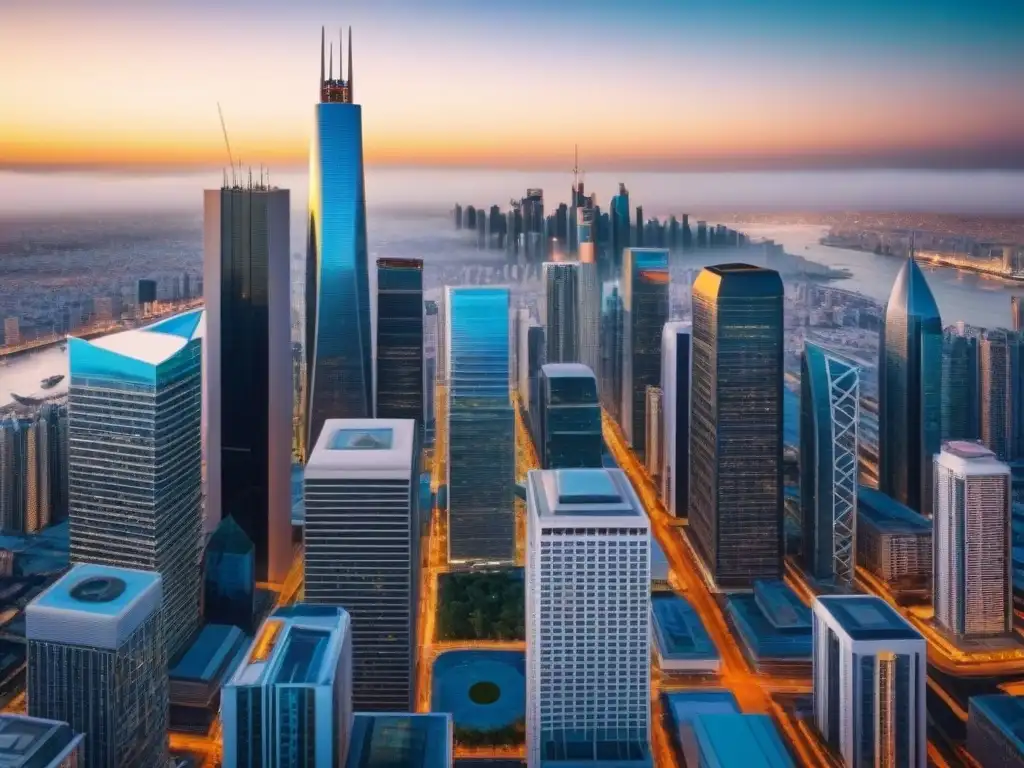 Skyscrapers globales: diversidad arquitectónica en ciudades internacionales Vibrante ciudad global con rascacielos de distintos estilos y alturas, reflejando la diversificación internacional portafolios inmobiliarios