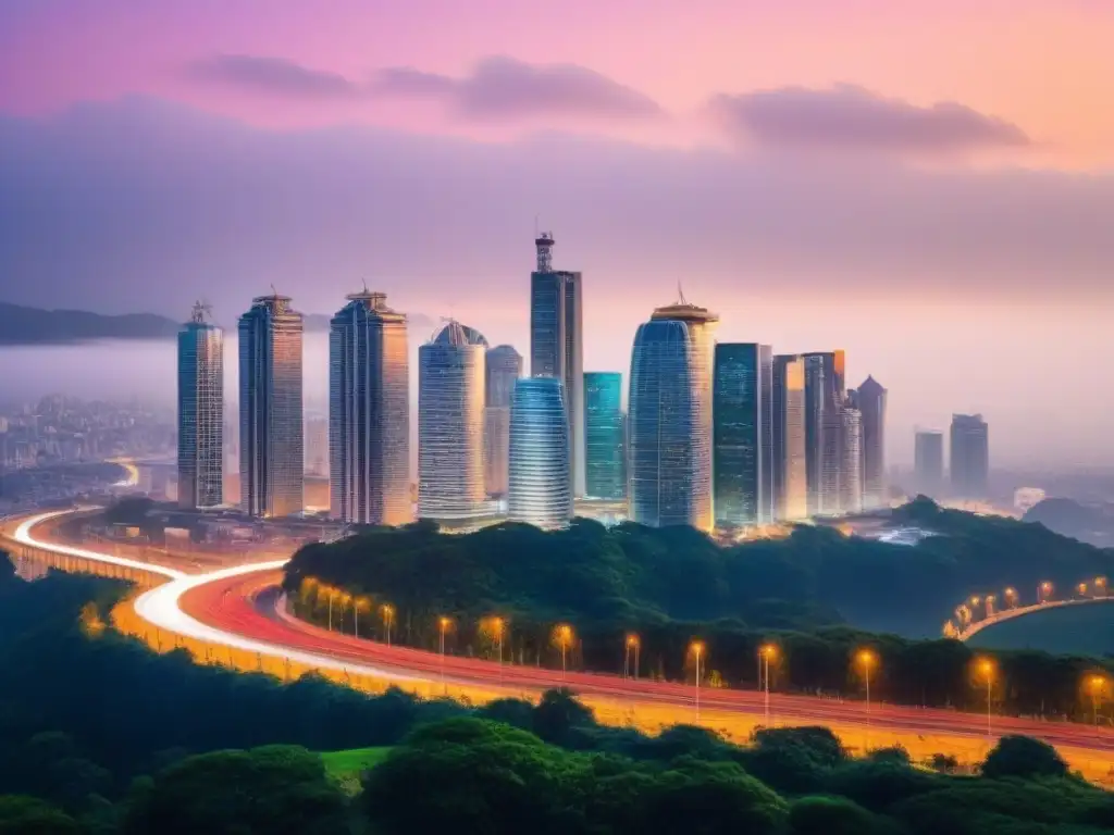 Horizonte urbano global iluminado al anochecer Vibrante ciudad global al anochecer con rascacielos iluminados, reflejo de las fluctuaciones cambiarias en hipotecas internacionales
