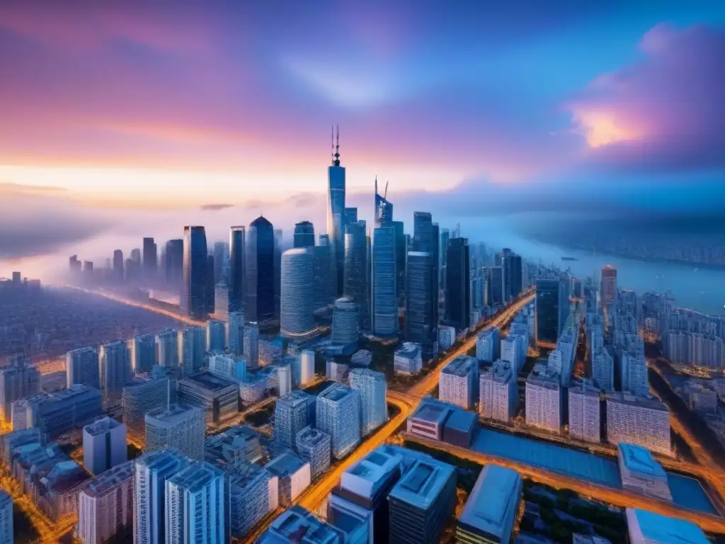 Cityscape global: arquitecturas únicas al anochecer Vibrante ciudad global al anochecer, reflejo de la diversa política mercado inmobiliario internacional