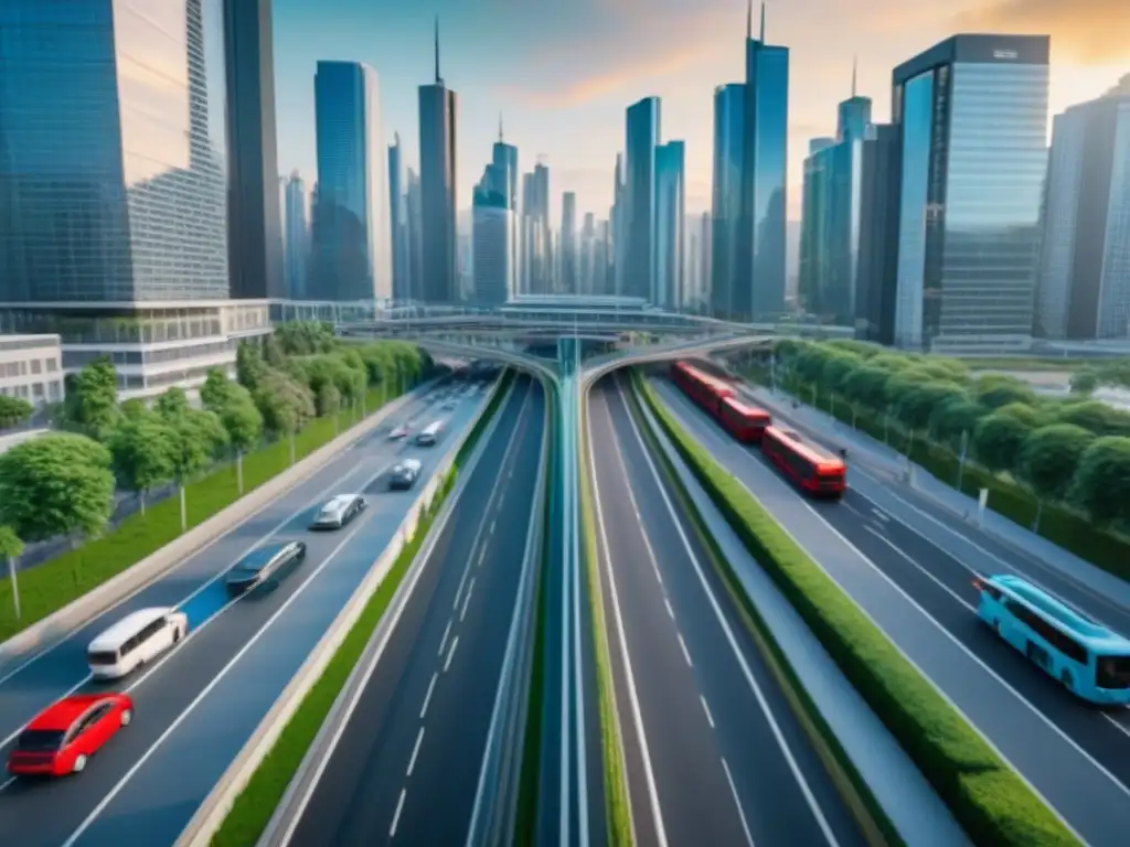 Metrópolis en movimiento: red de transporte y arquitectura urbana Vibrante ciudad en hora punta, reflejando la influencia de la movilidad urbana en la inversión inmobiliaria