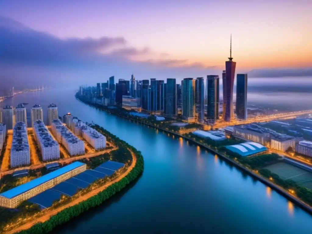 Cityscape vibrante al anochecer: luces y arquitectura moderna Vibrante ciudad al anochecer iluminada por impacto eventos políticos mercado inmobiliario