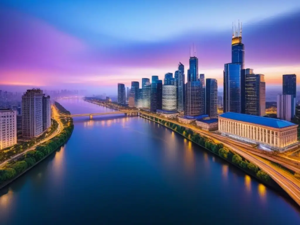 Metrópolis nocturna: luces vibrantes sobre río sereno Vibrante ciudad iluminada sobre río, simbolizando mercados inmobiliarios globales y eventos