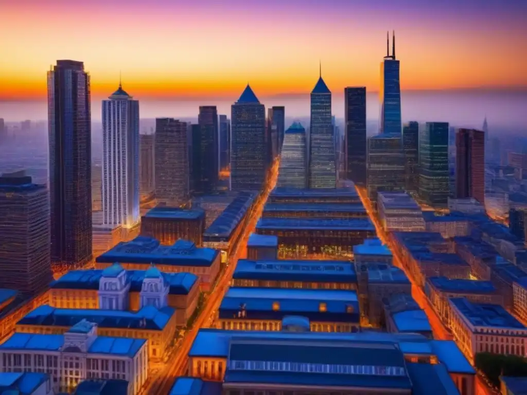 Metrópolis vibrante: arquitectura moderna y histórica en atardecer Vibrante ciudad al anochecer con impacto de migración interna en el mercado inmobiliario