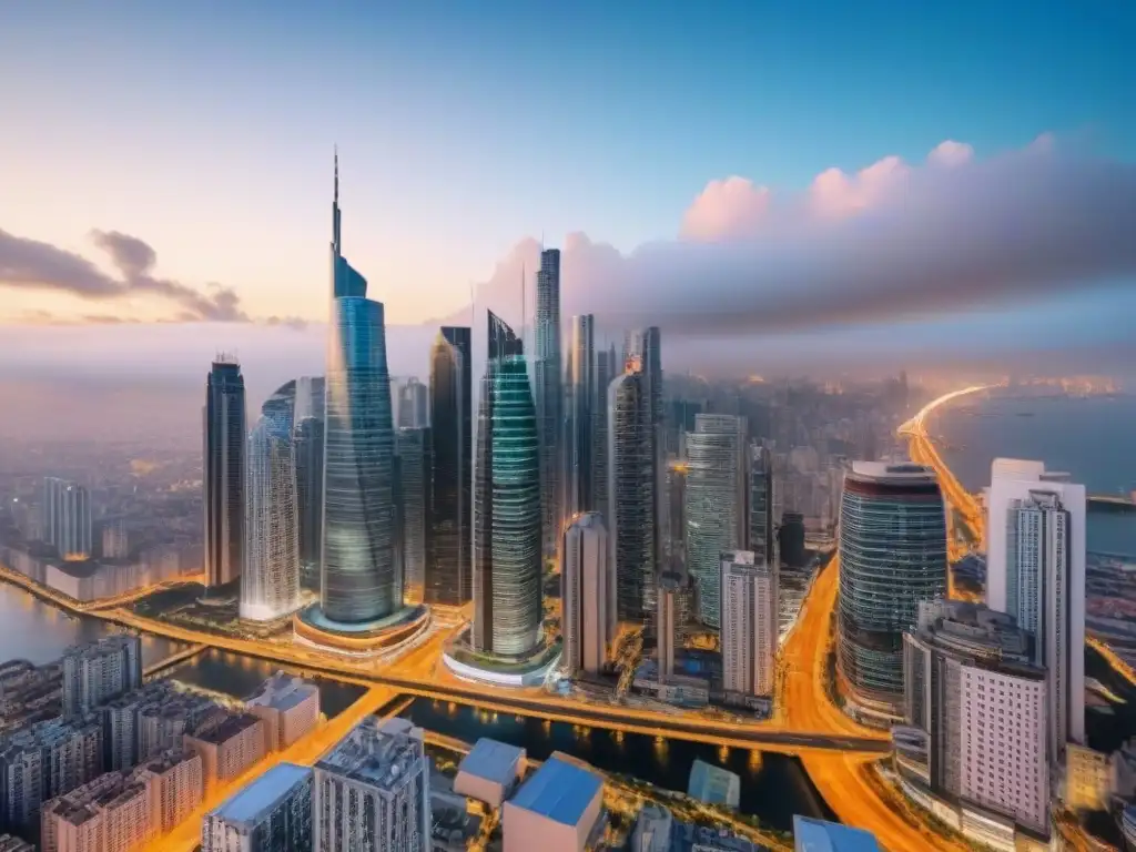 Skyline urbano al anochecer: turismo y mercados inmobiliarios emergentes Vibrante ciudad al anochecer con impacto turismo en mercados inmobiliarios emergentes
