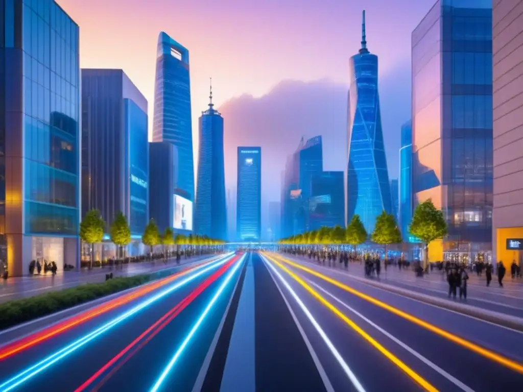 Horizonte futurista de una ciudad inteligente al anochecer Vibrante ciudad inteligente al anochecer con edificios futuristas iluminados