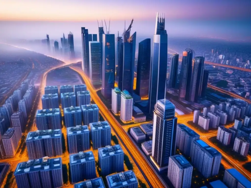 Metrópolis futurista: luces, tecnología y urbanismo verde Vibrante ciudad inteligente con mercado inmobiliario en auge, luces y tecnología futurista