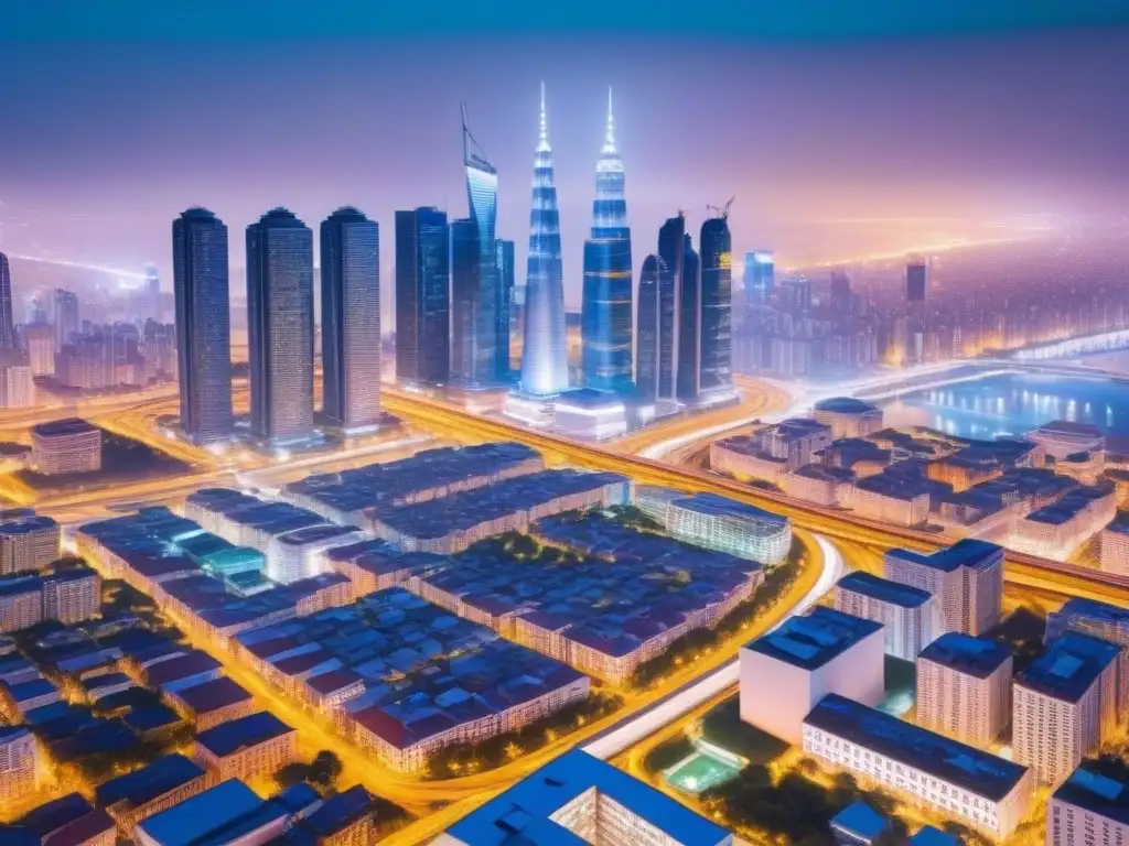 Metrópolis inteligente: luces LED y tecnología sostenible en la noche Vibrante ciudad inteligente de noche, con edificios conectados por luces LED, simbolizando la integración tecnológica y sostenible