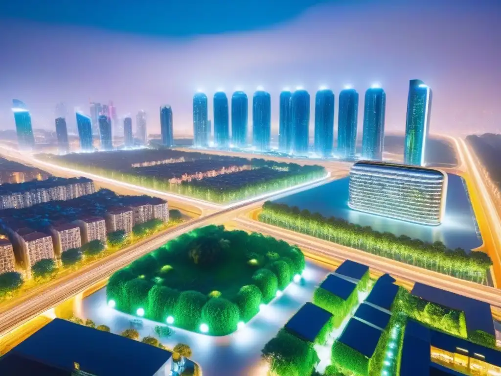 Metrópolis futurista: arquitectura inteligente en una ciudad nocturna Vibrante ciudad inteligente de noche, con edificios futuristas iluminados y autos autónomos