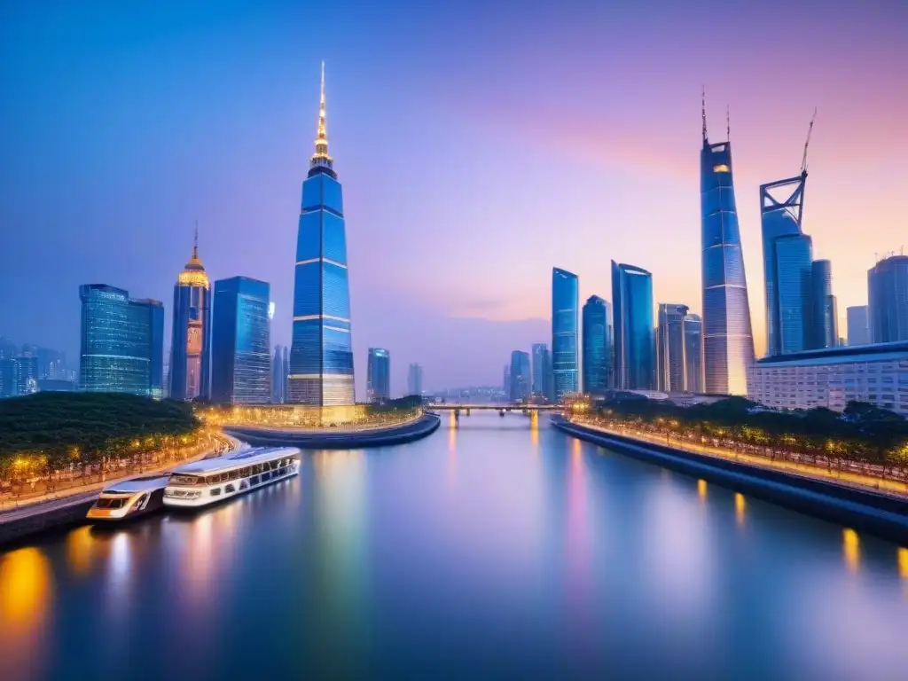 Vibrante ciudad internacional al anochecer, reflejando arquitectura tradicional y moderna