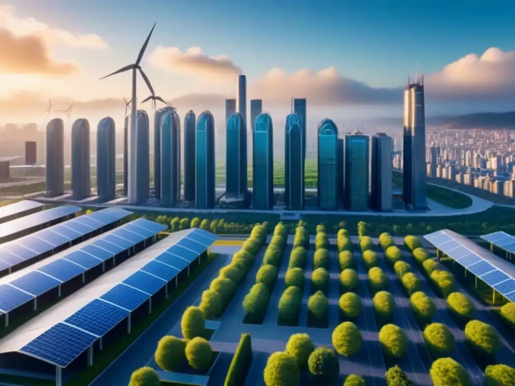 Metrópolis futurista ecoamigable: panorama urbano en 8k Vibrante ciudad internacional futurista con energía renovable para edificaciones internacionales