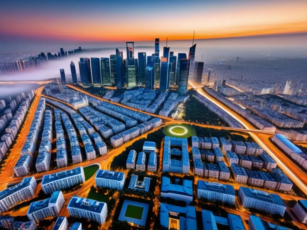 Metrópolis global: real estate y gobierno en crepúsculo Vibrante ciudad internacional, litigios bienes raíces internacionales políticas, atardecer cálido entre rascacielos y naturaleza