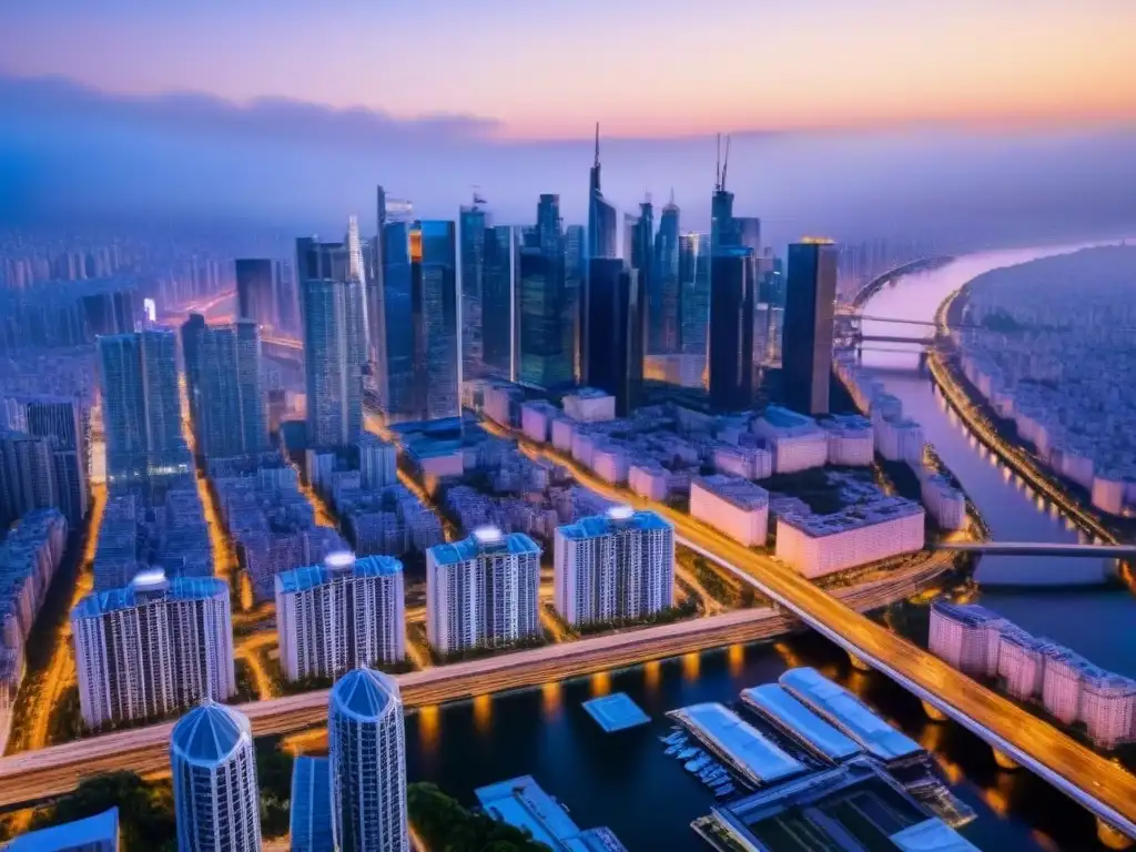 Vibrante ciudad internacional al anochecer: luces y modernidad Vibrante ciudad internacional al anochecer con modernos rascacielos iluminados, simbolizando el marketing inmobiliario internacional en redes