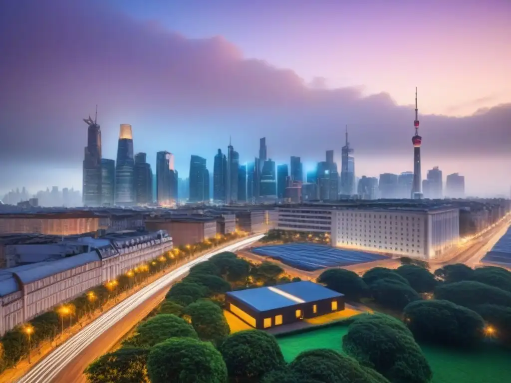 Skyline urbano: negocios globales y seguro comercial Vibrante ciudad internacional al anochecer con profesionales y modernos edificios