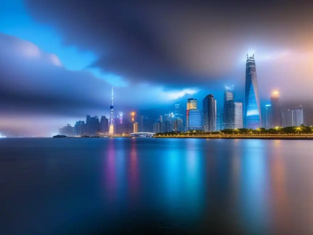 Skyline urbano: luces y arquitectura en ciudad internacional Vibrante ciudad internacional al anochecer, con rascacielos modernos y edificios históricos, reflejando luces en el río