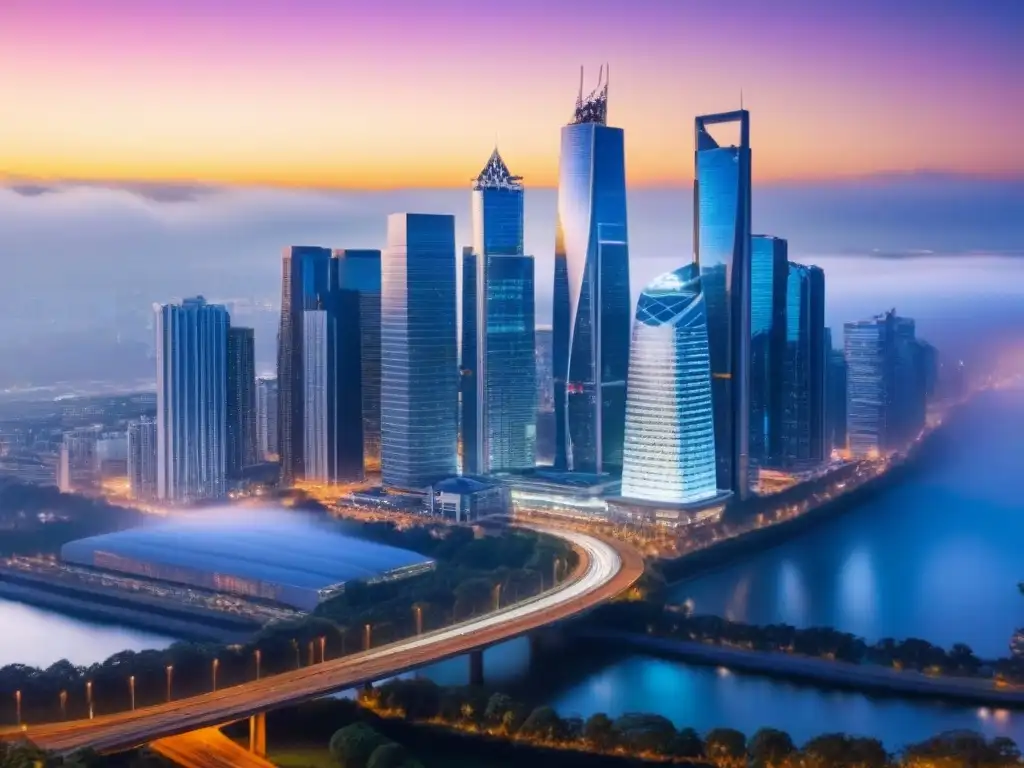Inversión global: skyline urbano al anochecer Vibrante ciudad internacional al anochecer, con rascacielos iluminados y profesionales discutiendo