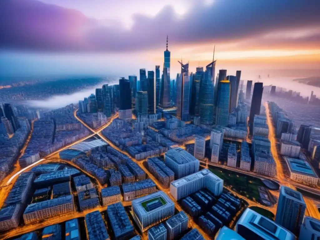 Metrópolis internacional: vibrante diversidad arquitectónica Vibrante ciudad internacional con rascacielos modernos, reflejo de la psicología del consumidor y la marca inmobiliaria