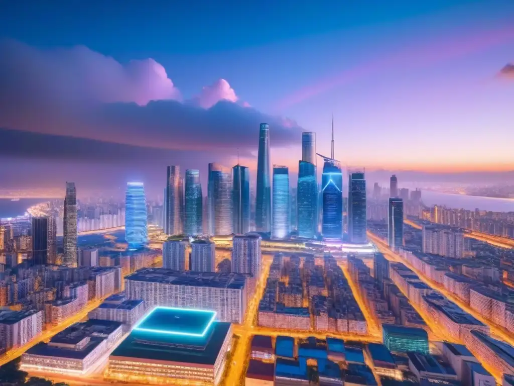 Futurista ciudad internacional: PropTech en inversión inmobiliaria Vibrante ciudad internacional al anochecer con rascacielos iluminados y tecnología PropTech