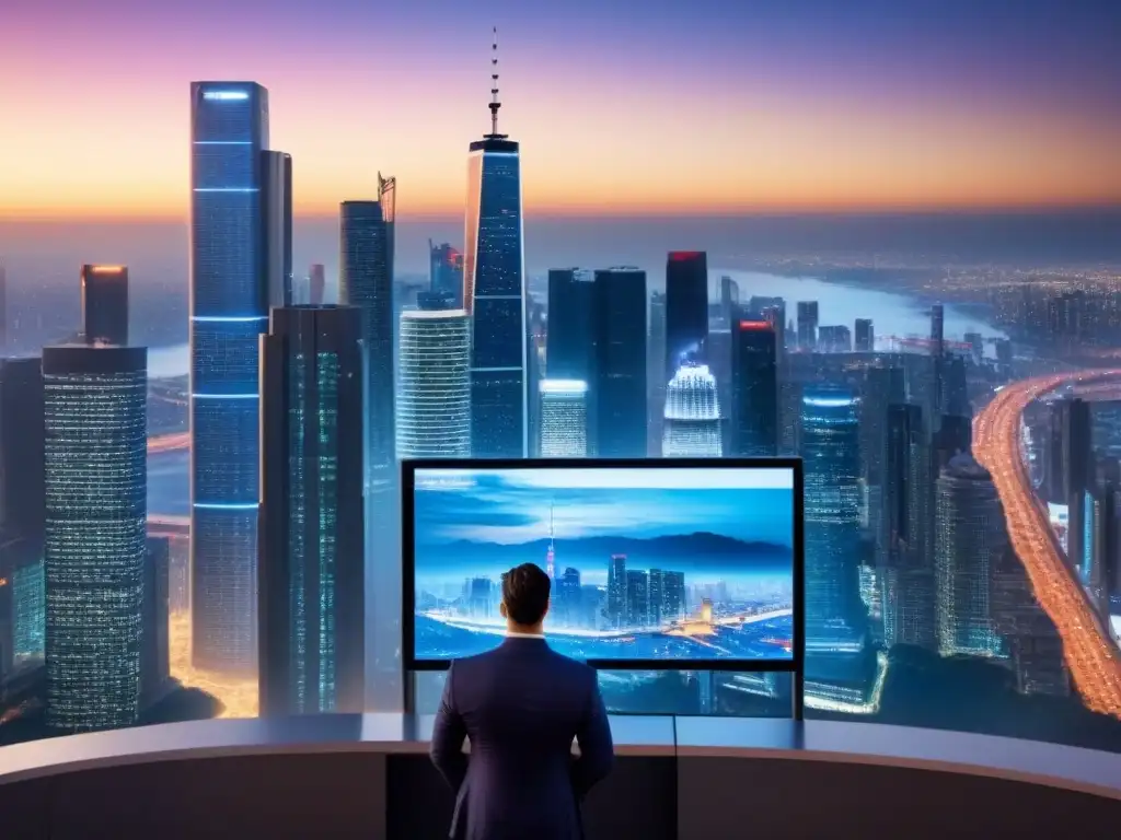 Skyline futurista: Profesionales y rascacielos en la hora mágica Vibrante ciudad al anochecer con inversiones inmobiliarias en mercados internacionales