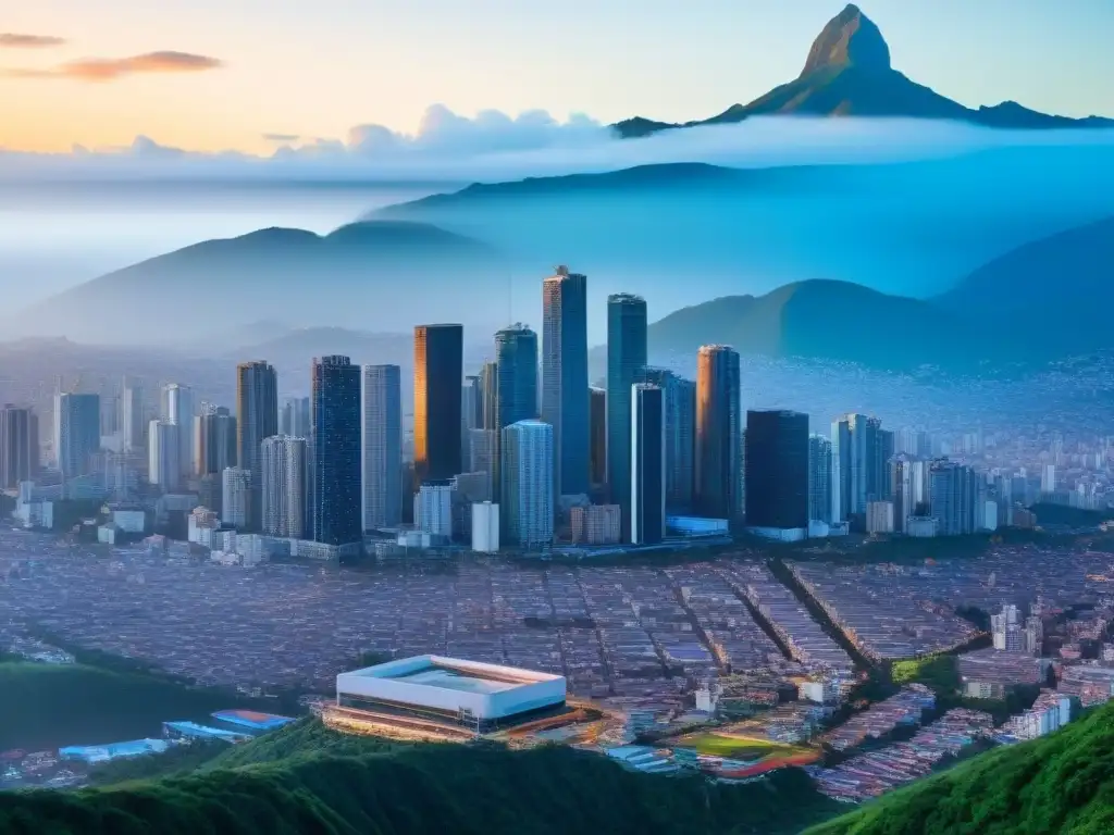 Horizonte moderno y vibrante de ciudad latinoamericana Vibrante ciudad de América Latina con rascacielos modernos, calles llenas de vida y montañas verdes