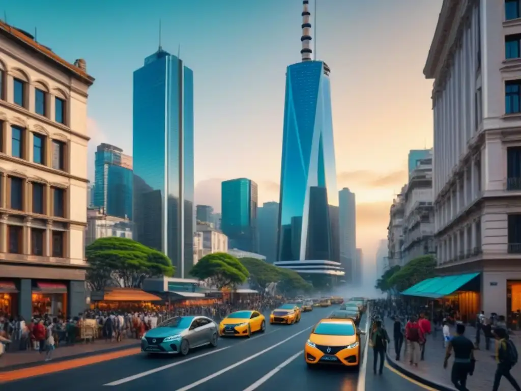 Metrópolis Latinoamericana: fusión de historia y tecnología Vibrante ciudad latinoamericana con arquitectura moderna y colonial, gente diversa en la calle y datos de mercado inmobiliario tecnológico