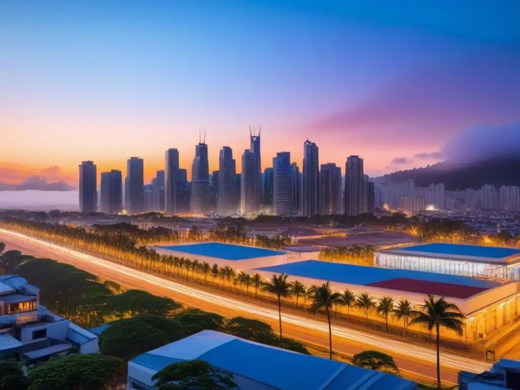 Horizonte urbano: ciudad latina al atardecer Vibrante ciudad latinoamericana al atardecer, reflejando modernidad y oportunidades de inversiones inmobiliarias en Latinoamérica