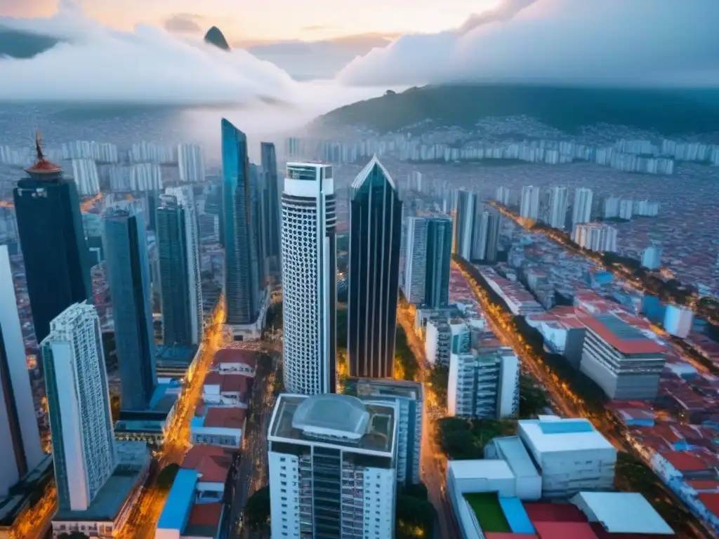 Vibrante ciudad latinoamericana: arquitectura histórica y moderna Vibrante ciudad latinoamericana: calles bulliciosas, rascacielos modernos y arquitectura histórica