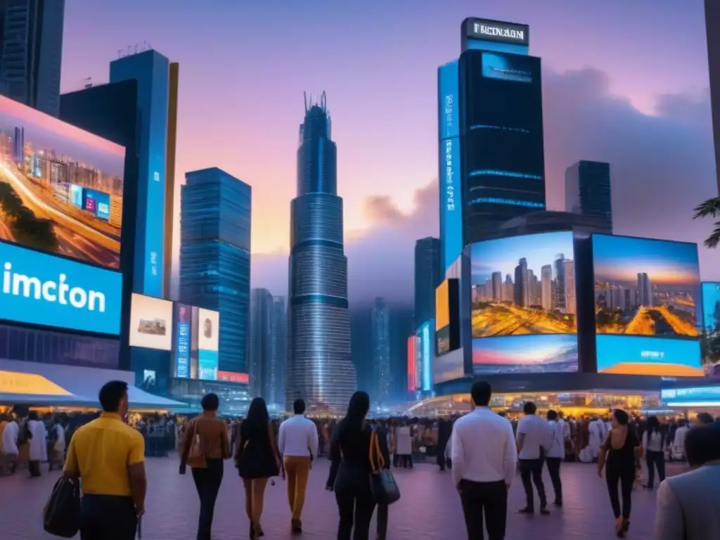 Cityscape urbano latinoamericano: modernidad y tecnología Vibrante ciudad latinoamericana al anochecer con edificios modernos iluminados y redes sociales para mercado inmobiliario