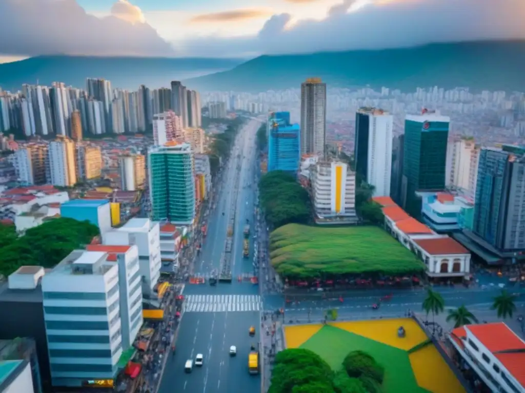 Vibrante ciudad latinoamericana: tradición e innovación Vibrante ciudad latinoamericana con mezcla de rascacielos modernos y edificios coloniales, reflejando la fusión de tradición e innovación