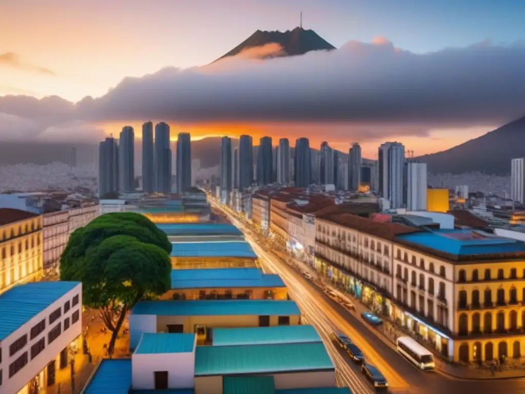 Horizonte urbano y natural en capital latinoamericana Vibrante ciudad latinoamericana, mezcla de rascacielos modernos y edificios coloniales, con un fondo montañoso al atardecer