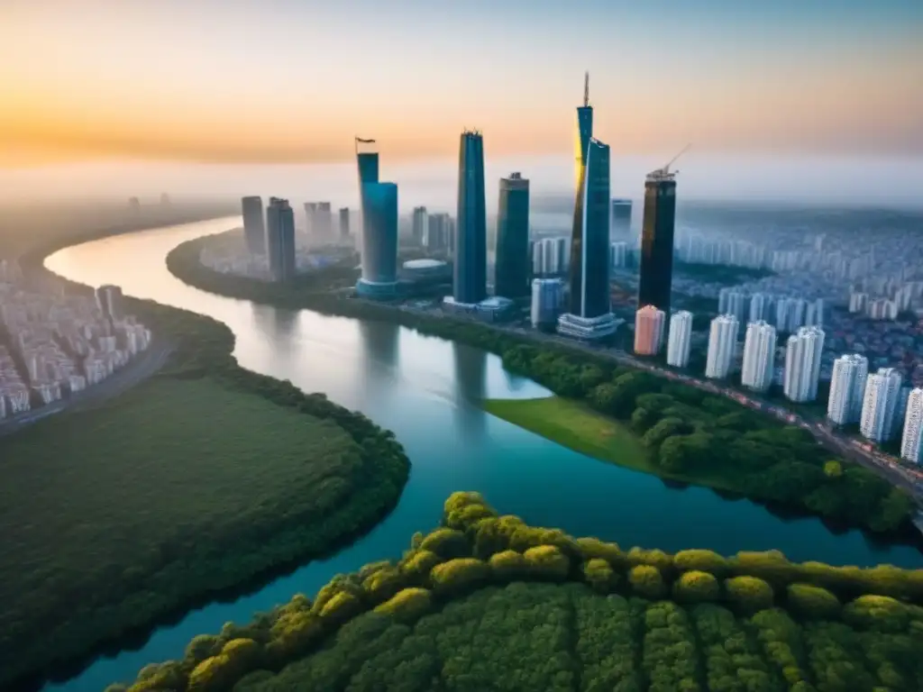 Espléndida panorámica urbana al atardecer en América Latina Vibrante ciudad latinoamericana con modernos rascacielos, verde naturaleza y un río, reflejando el crecimiento mercado inmobiliario América Latina
