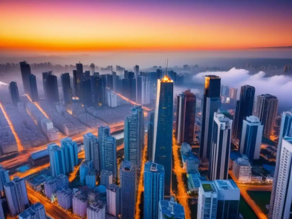 Horizonte urbano latinoamericano: mezcla de modernidad y tradición Vibrante ciudad latinoamericana con modernos rascacielos y arquitectura tradicional al atardecer