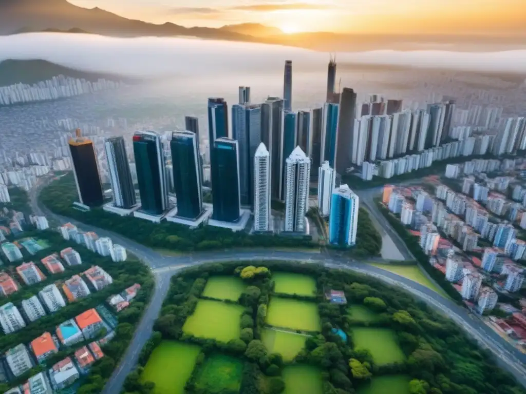 Panorámica urbana vibrante en Latinoamérica Vibrante ciudad latinoamericana con modernos rascacielos, calles bulliciosas y parques urbanos