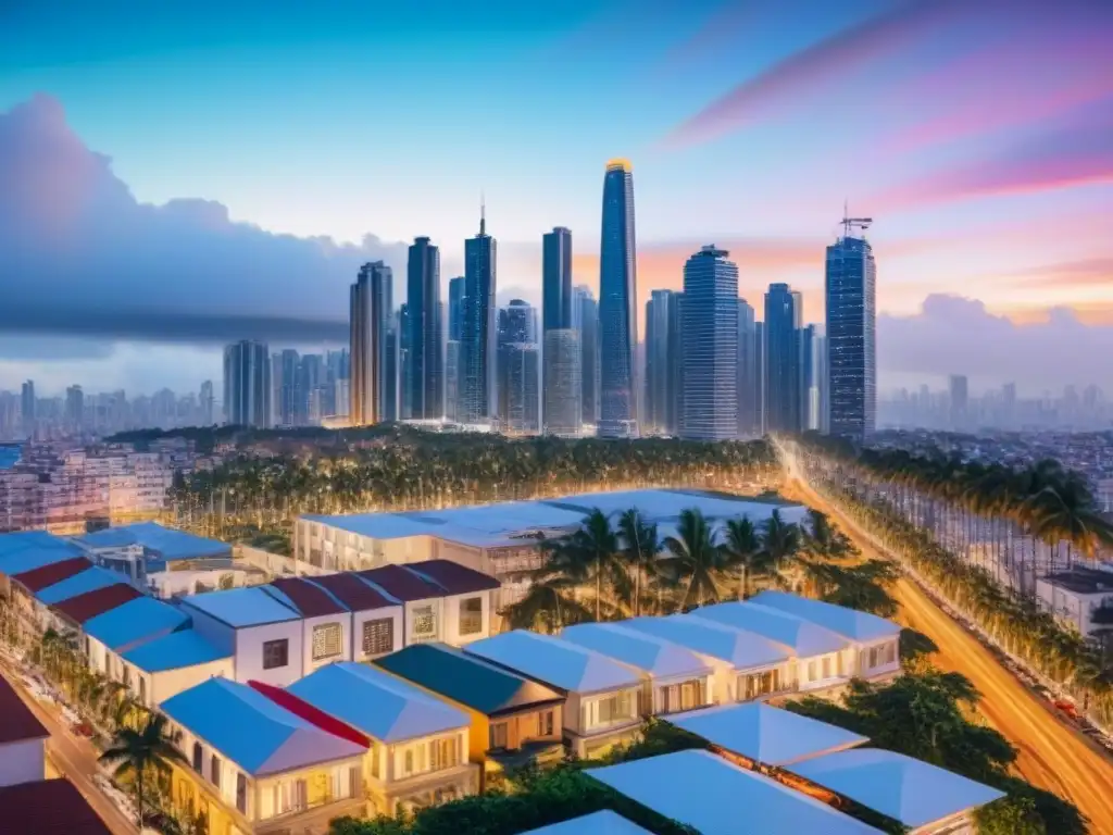 Vibrante ciudad latinoamericana: inversión inmobiliaria global Vibrante ciudad latinoamericana con rascacielos y profesionales analizando datos inmobiliarios