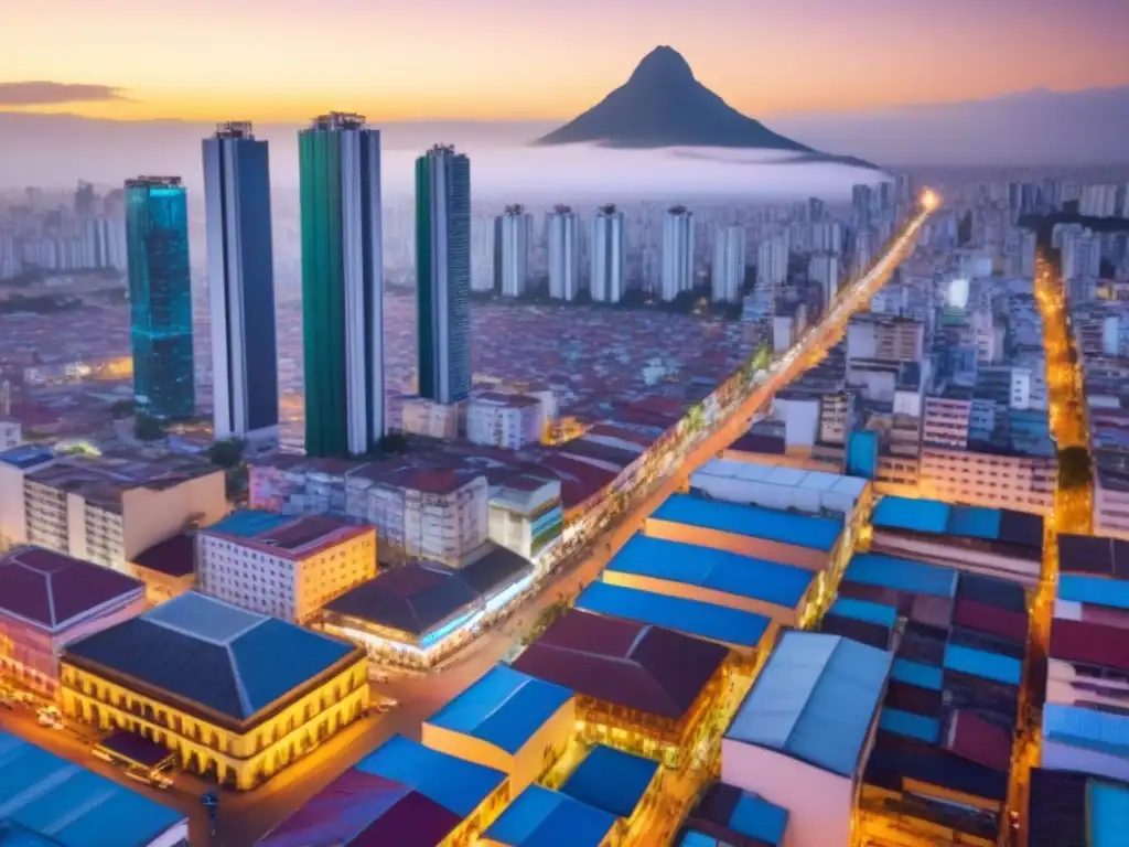Metrópolis vibrante: paisaje urbano latinoamericano en evolución Vibrante ciudad latinoamericana con rascacielos modernos y edificios coloridos, reflejando el mercado inmobiliario internacional América Latina